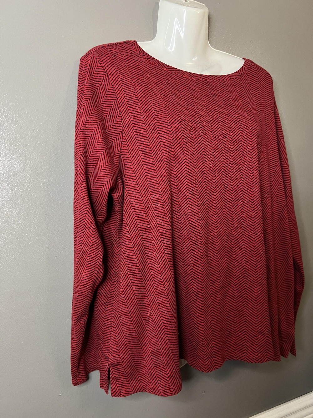 J Jill Shirt Womens XL Petite Red Black Pima Cotton Long Sleeve Crew Top - Picture 3 of 6